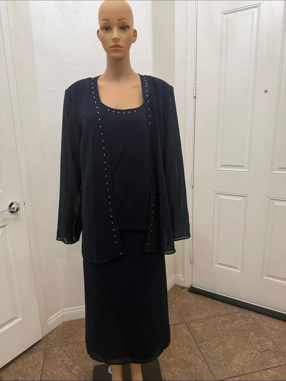 Draper & Damon’s Sz 18 Black Tank Top Midi Skirt & Sheer Jacket Diamond Stud